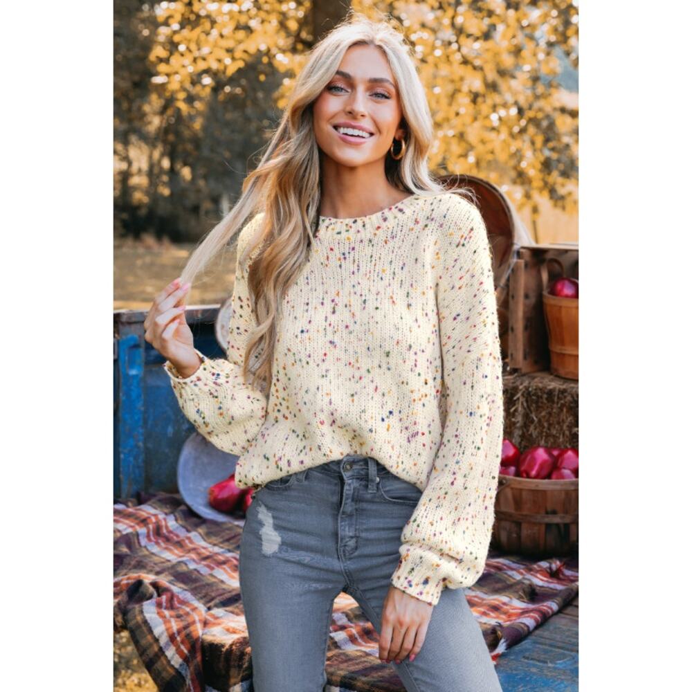 Cupshe Confetti Knit Sweater Cream Multicolor Balloon Sleeve XXL